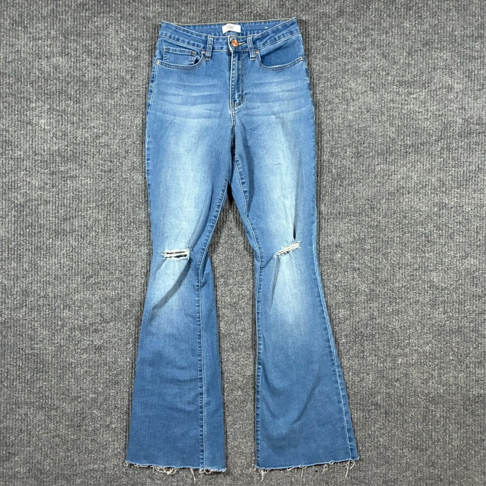 YMI Womens Bootcut Jeans Size 7/28 Blue Denim Distressed Raw Hem Mid Rise